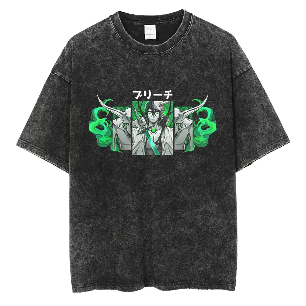Men Black Washed T Shirt Streetwear Anime Graphic T Shirt Harajuku Printed Tshirt Cotton Summer Fashion Casual Tops Tees