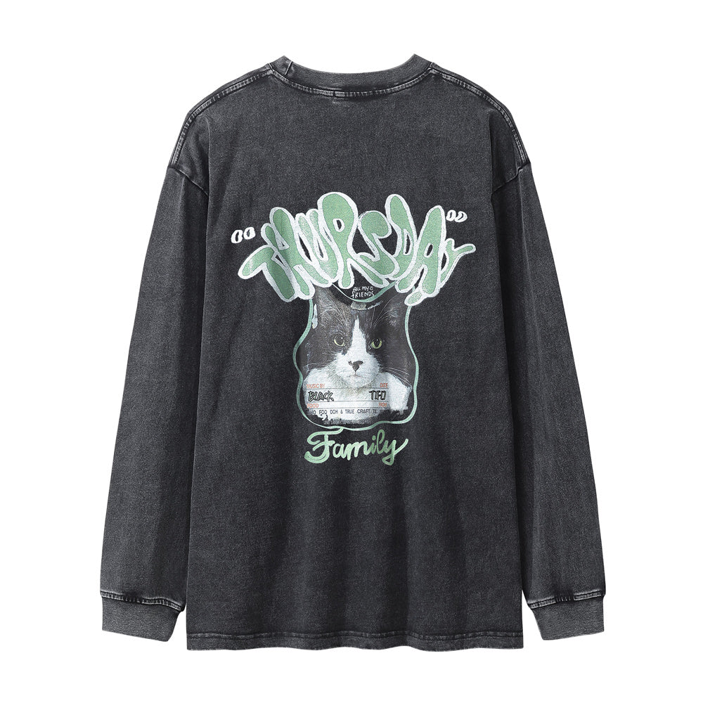 Animal Dog Printed T-shirt Loose Round Neck Long Sleeve