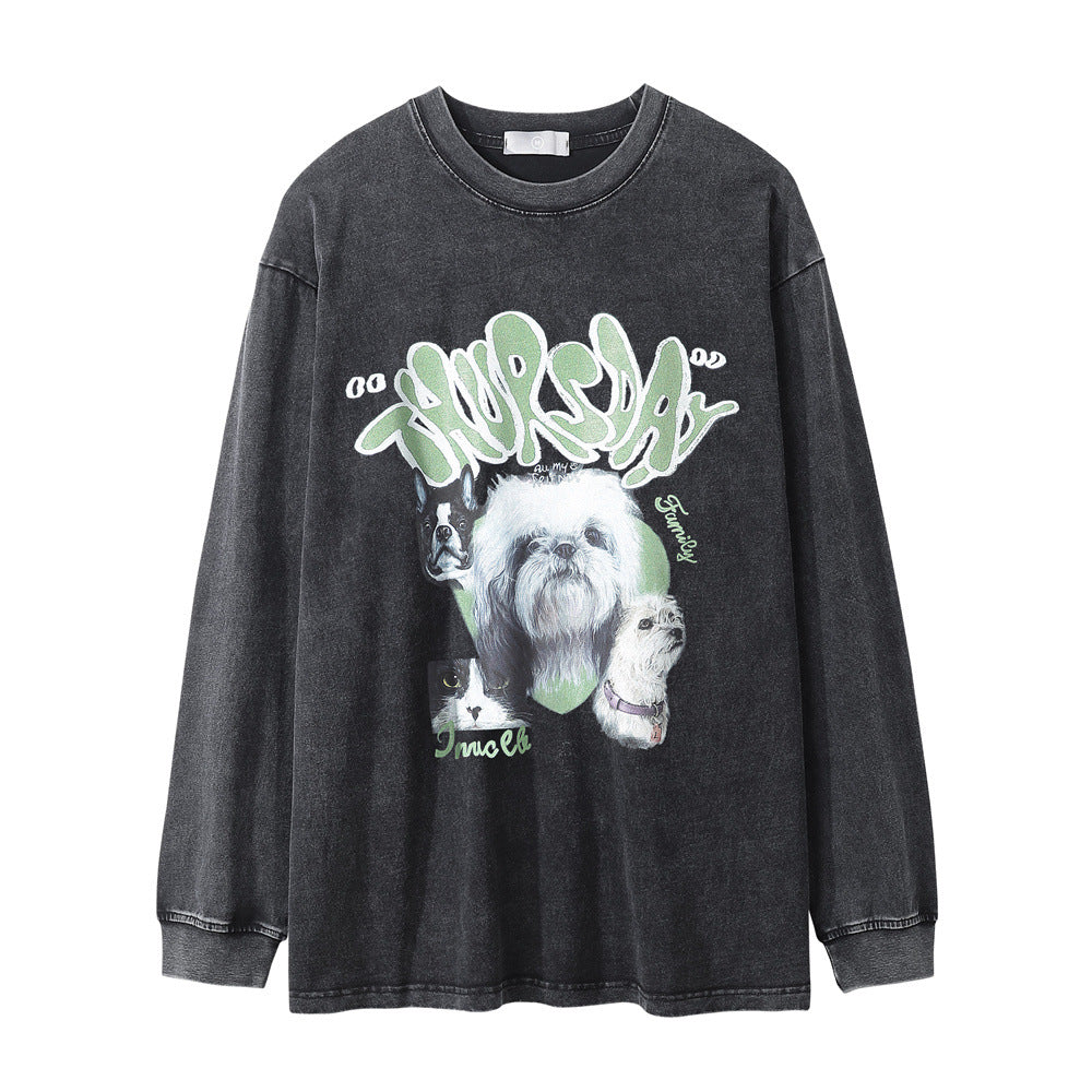 Animal Dog Printed T-shirt Loose Round Neck Long Sleeve