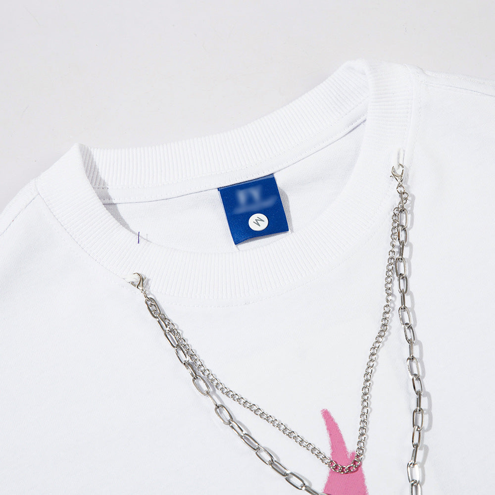 Men's Loose Cotton Five-pointed Star Printed Necklace T-shirt