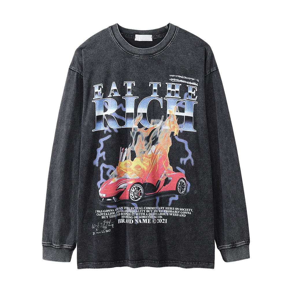 Flame Car Printing Long Sleeve European And American Fashion Brand Washed And Worn Round Neck Bottoming Shirt