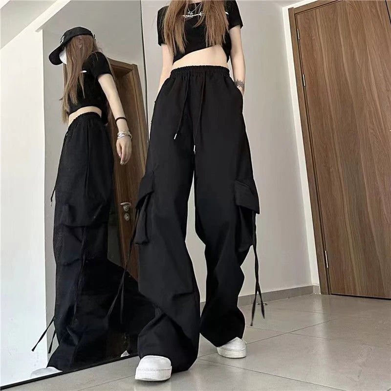 Women Y2K Cargo Pants High Waist Streetwear Hip Hop Trousers Female Big Pockets Casual Low Waist Drawstring Baggy Sweatpants