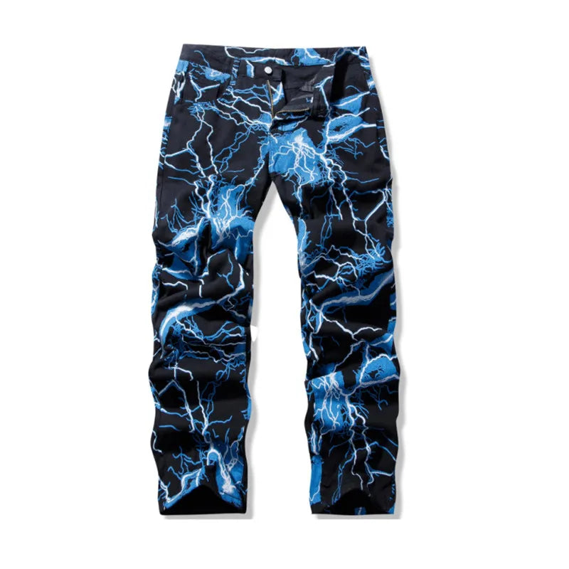 2021 Vibe Style Lightning Print Tie Dye Men Straight Y2K Jeans Trousers Hip Hop Vintage Harajuku Women Denim Pants Ropa Hombre