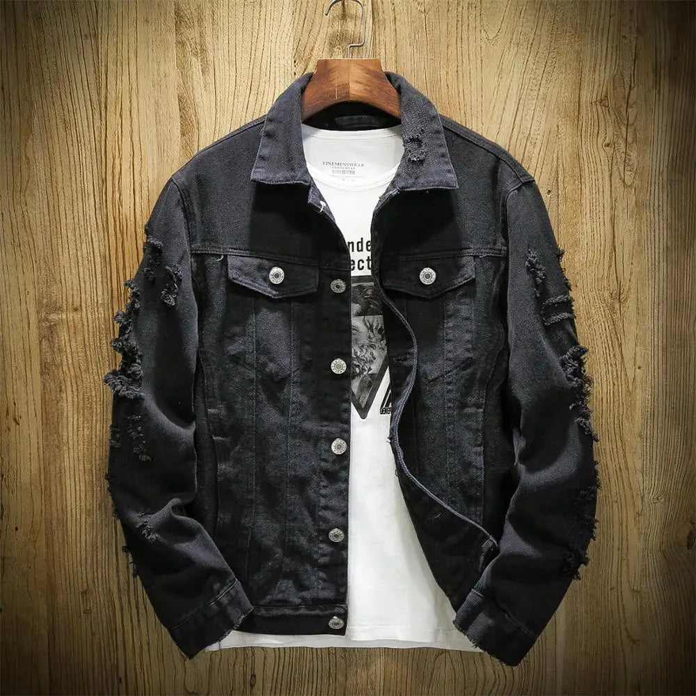 Autumn Hole Denim Jacket Men Ripped Cowboy Jackets Coat Male Slim Fit Solid Casual Coats Cotton Plus Size Hip Hop Jeans Jacket