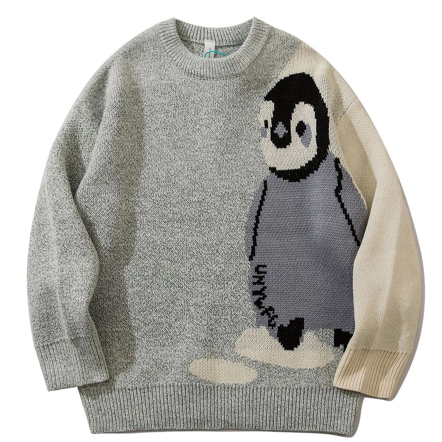 Mens Cartoon Penguin Knitted Sweater Streetwear Harajuku Vintage Jumpers Pullover Women Autumn Cotton College Sweaters Unisex