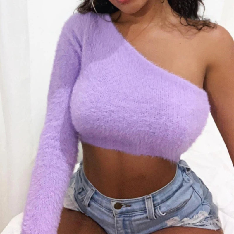 Sexy One Shoulder Sweater Tops For Women Asymmetrical T Shirt Purple Casual Long Sleeve Crop Top T-shirts