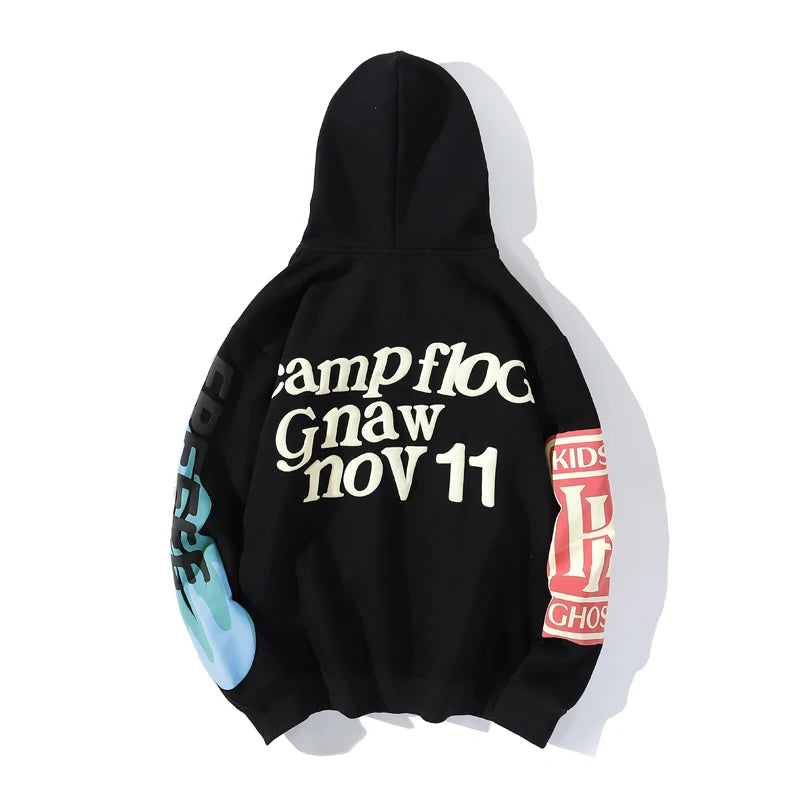 Harajuku Letter Foam Kanye Fleece Pullover Hoodies Men and Women Hip Hop Graffiti Oversized Casual Hooded Sweatshirts