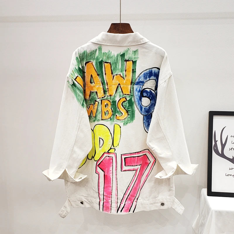 2023 Autumn Streetwear Women White Denim Jacket Fashion Graffiti Print Long Sleeve Jeans Jacket Female Loose Hip Hop Jeans Coat