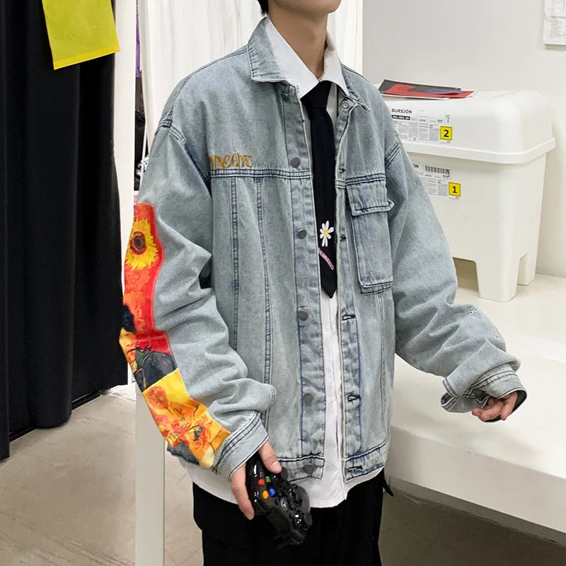 Van Gogh Embroidery Men Denim Jacket Hip Hop Kanye Harajuku Gengar Human Made Kapital Coat Oversized Varsity Jacket Chaquetas