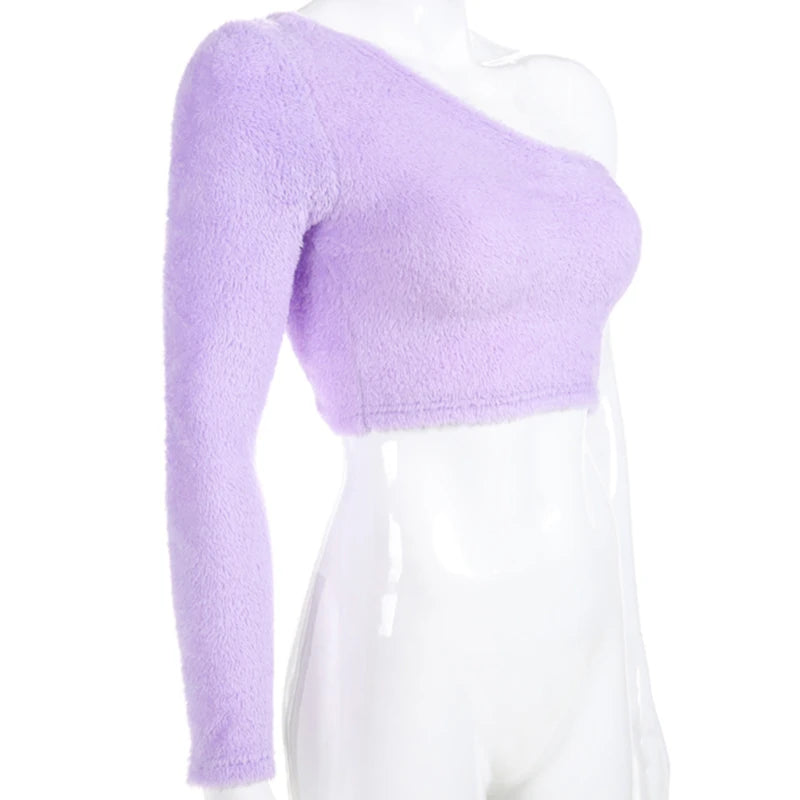 Sexy One Shoulder Sweater Tops For Women Asymmetrical T Shirt Purple Casual Long Sleeve Crop Top T-shirts