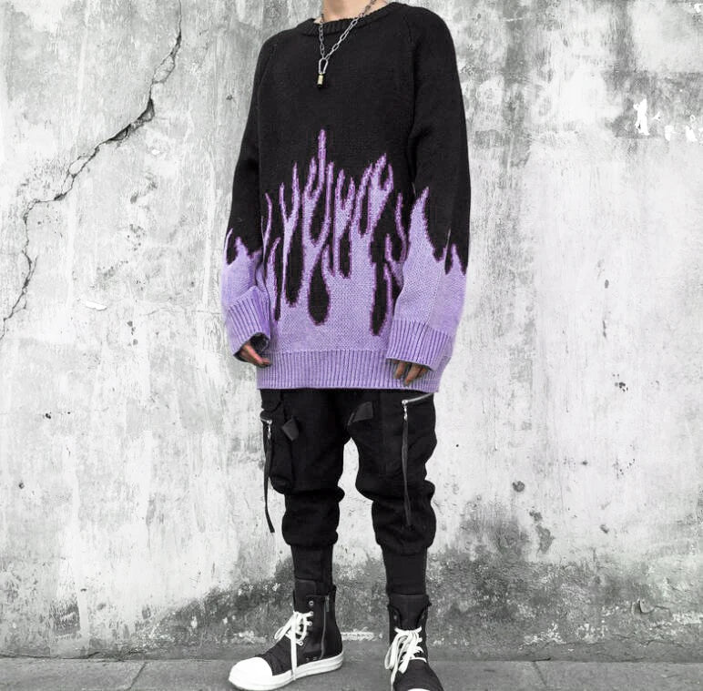 Sweater Men Harajuku Flame Hip Hop Streetwear Men Clothing Spandex Pullover O-neck Oversize Fashion Casual Couple Male Sweaters