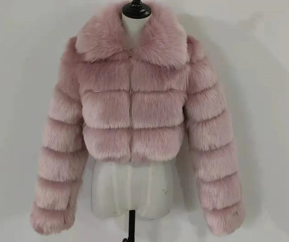 Casual White Black Fluffy Fall Winter Faux Fur Coat Women Jacket Long Sleeve Cropped Puffer Fur Jacket for Women Outwear