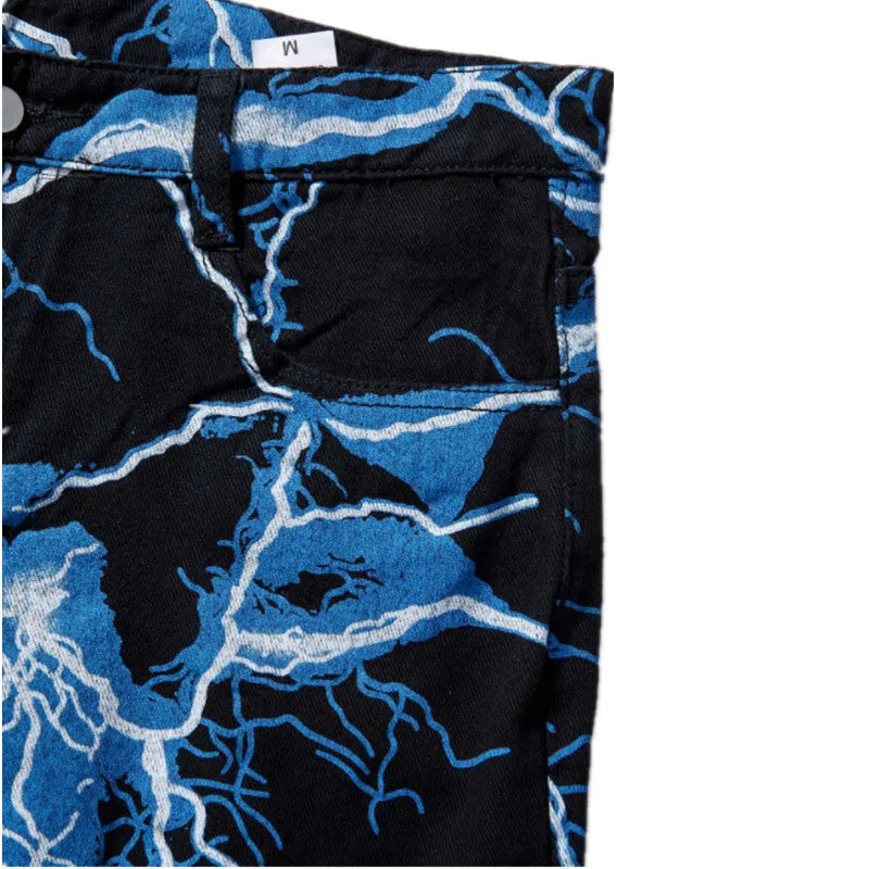 2021 Vibe Style Lightning Print Tie Dye Men Straight Y2K Jeans Trousers Hip Hop Vintage Harajuku Women Denim Pants Ropa Hombre