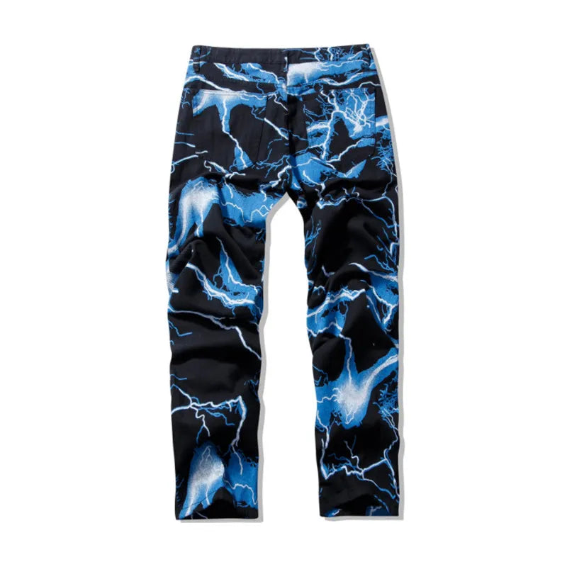 2021 Vibe Style Lightning Print Tie Dye Men Straight Y2K Jeans Trousers Hip Hop Vintage Harajuku Women Denim Pants Ropa Hombre