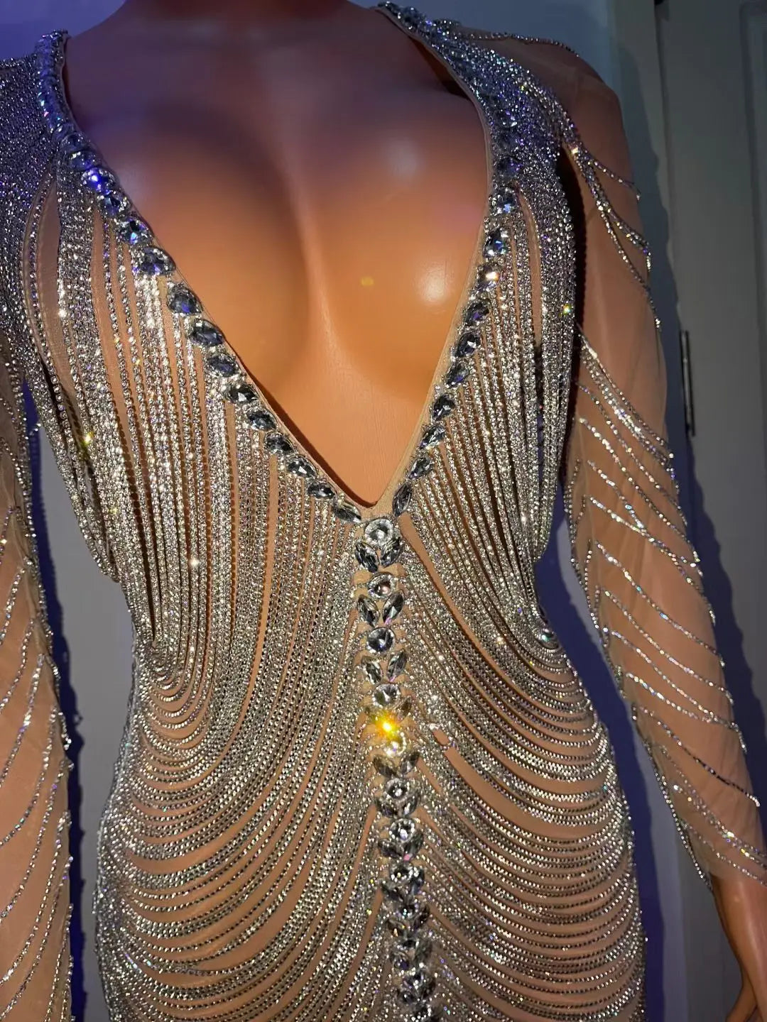 Sparkly Luxury Rhinestone Women Birthday Party Dress Chain Night Out Club Costume Festival Performance Wear Drag Queen Outfit