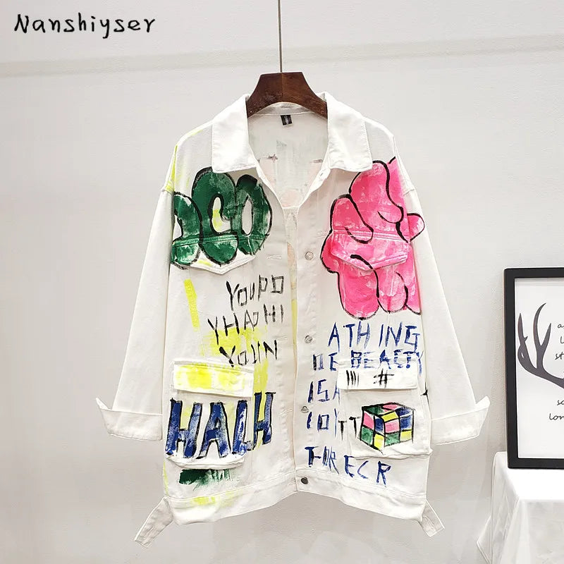 2023 Autumn Streetwear Women White Denim Jacket Fashion Graffiti Print Long Sleeve Jeans Jacket Female Loose Hip Hop Jeans Coat