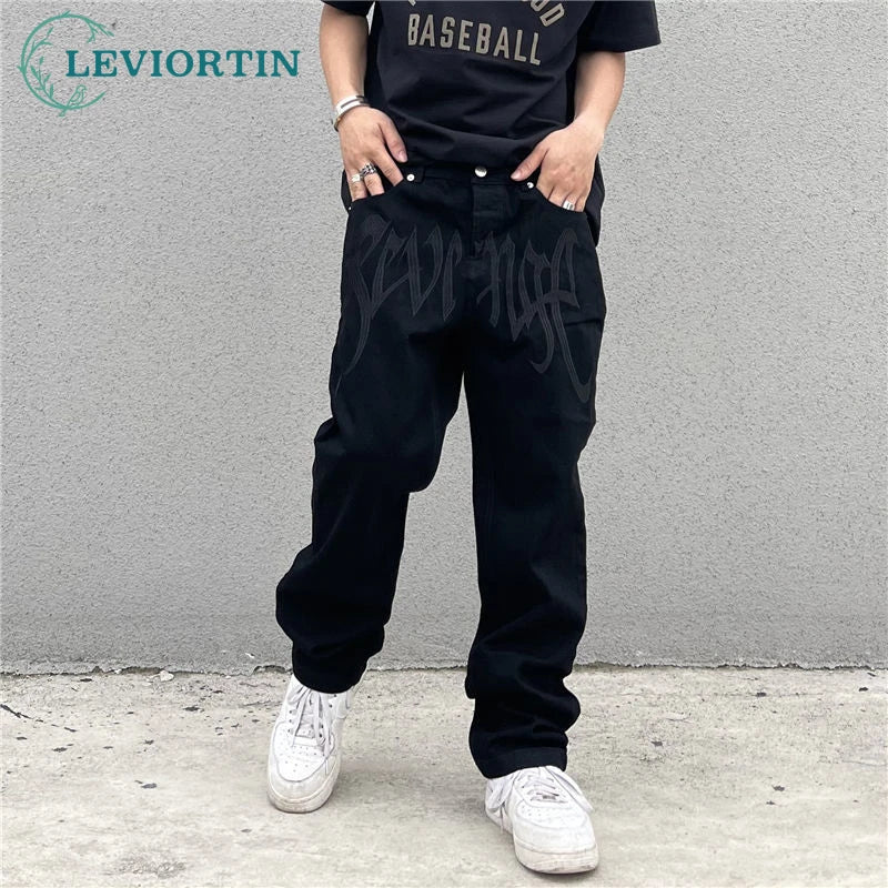 High Street Retro Black Embroidered Letter Trousers Men's Fashion Brand American Street Loose Straight Hip Hop Pants For Male