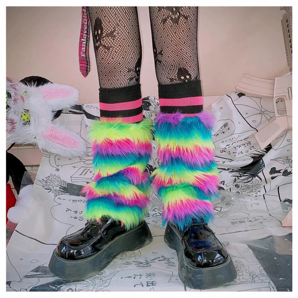 Furry Leg Warmers Y2K Goth White Faux Fur Leg Warmers Boot Covers Lady Cute Jk Knee-length Hipster Warm Sock Fashion Socks