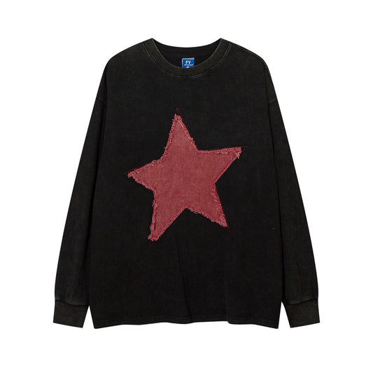 Men's Fashion Round Neck Loose Five-pointed Star Long Sleeve T-shirt