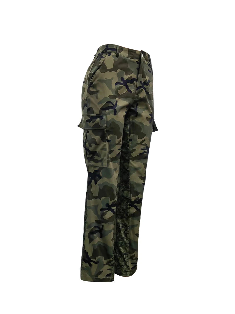 LW Plus Size Camo Print Side Pocket Cargo Pants camouflage Mid Waist Casual women Camo Pants Regular leisure lady Pants