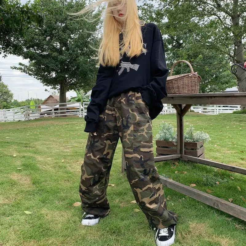 Y2k Streetwear Korean Cargo Hip Hop ArmyGreen Baggy Harem Trousers Sweatpants Camouflage Pants High Waist Alt Joggers for Women