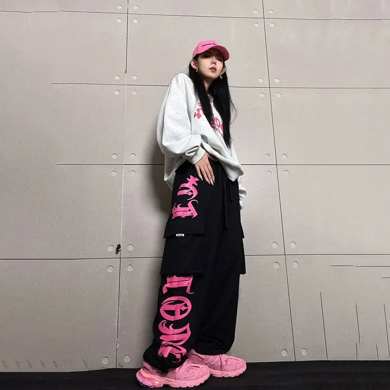 Retro Multi-Pocket Black Rose Pink Printed Overalls Trousers Female Personality Street Hip-Hop Loose Casual Dancing Sports Pants