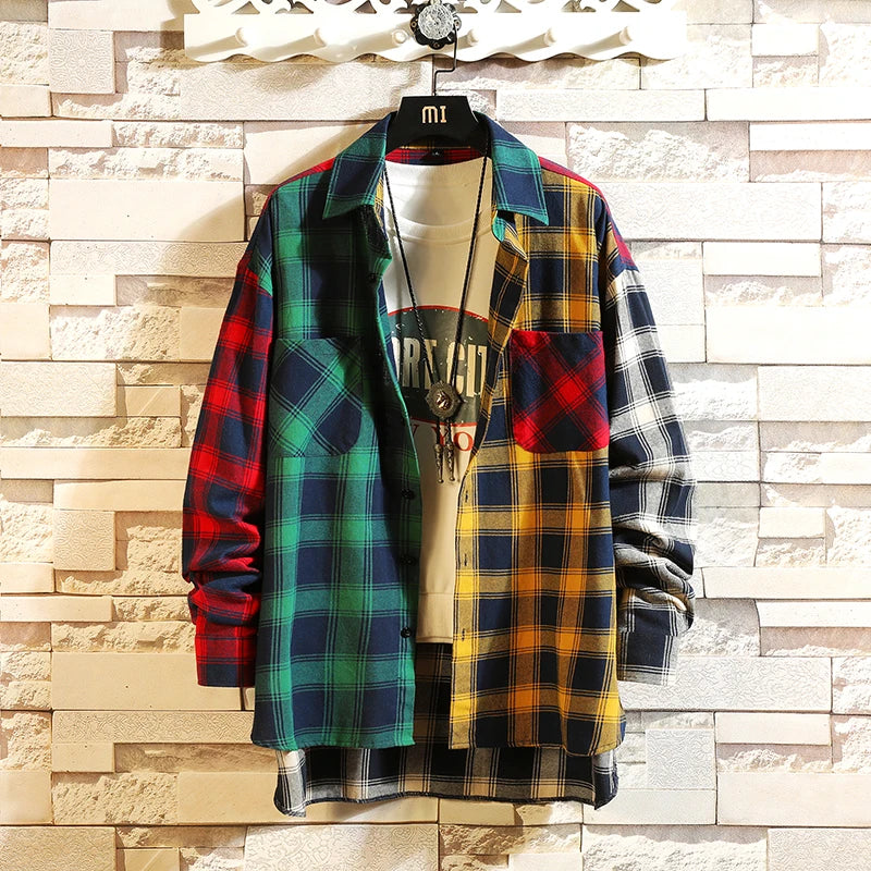 2023 Hip Hop Streetwear Patchwork Casual Plaid Shirt Mens Long Sleeve Loose Blous