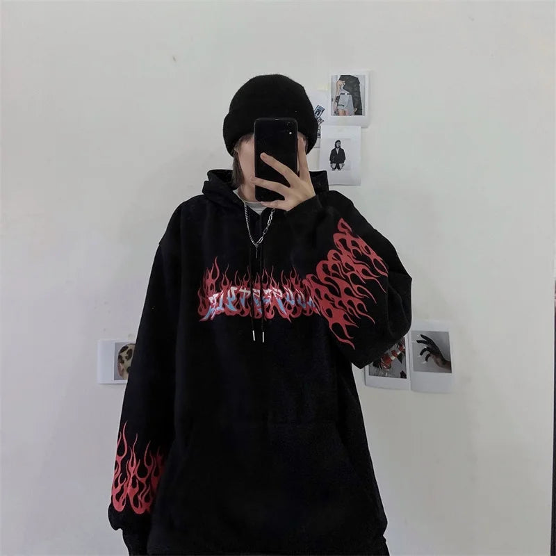 Women Flame Print Sweatshirts Autumn Hip Hop Retro Punk Oversized Zip Up Hoodies Female Gothic Long Sleeve Pullover Hooded Tops