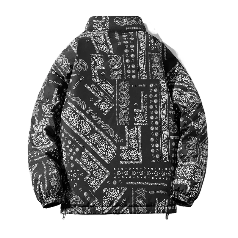 Hip Hop Paisley Puffer Jacket Winter Down Bubble Coat Double-sided Wear Warm Oversize Bandana Jacket Outerwear Unisex Parkas Top