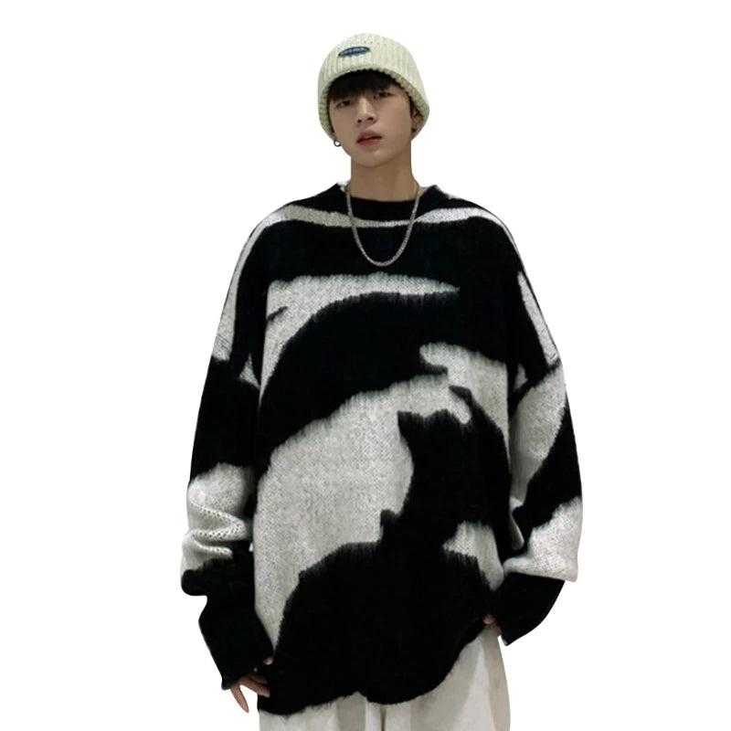 Men Women Harajuku Sweater Black White Tie Dye Pullover Top Round Neck Oversized Loose Knitted Jumper T-Shirt Streetwear