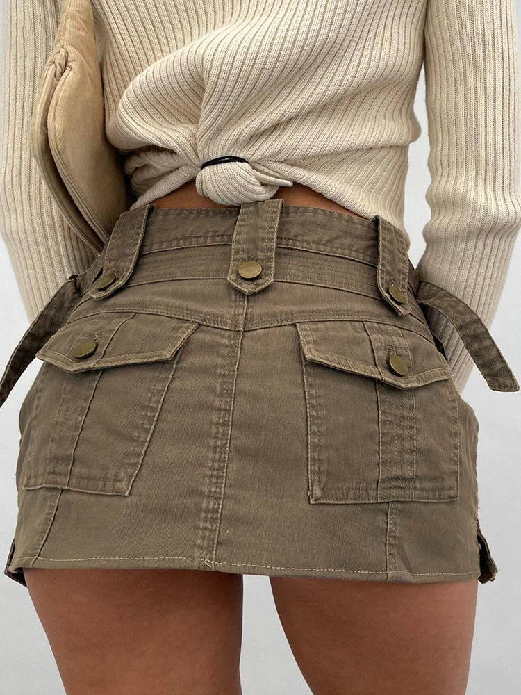 IAMHOTTY Grunge y2k Cargo Denim Skirt Khaki High Waist Vintage Multi Pockets Straight Casual Jean Skirts Korean Style Streetwear