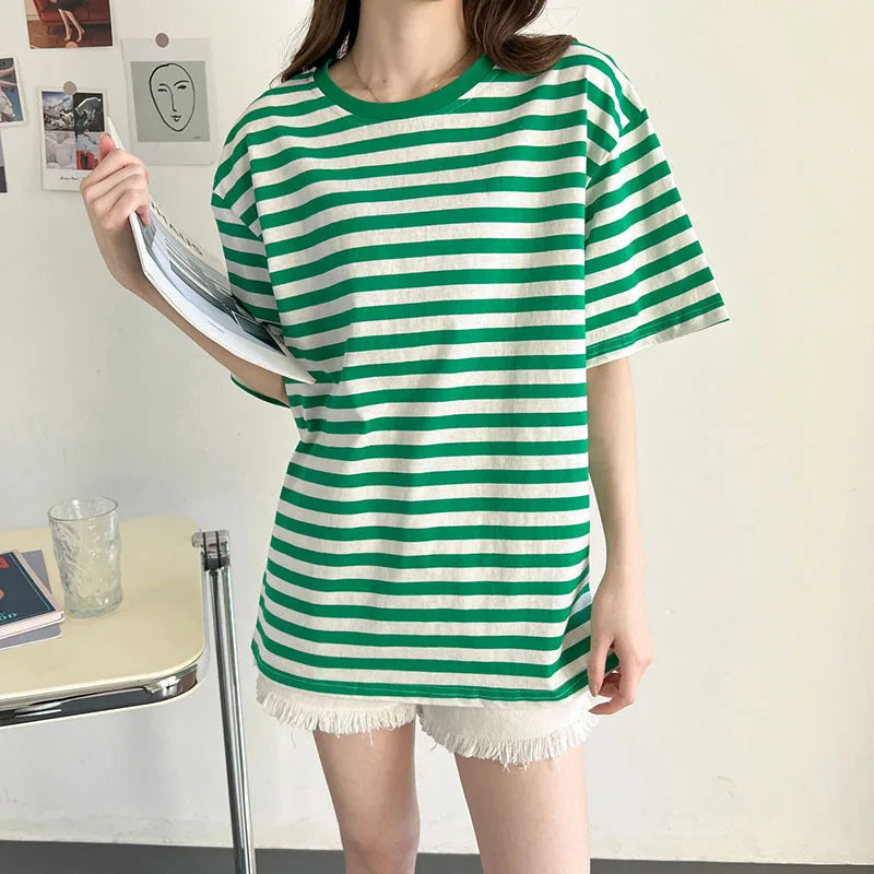 T-shirt women's summer thin section 2022 new loose cotton green striped women's top clothes Harajuku style