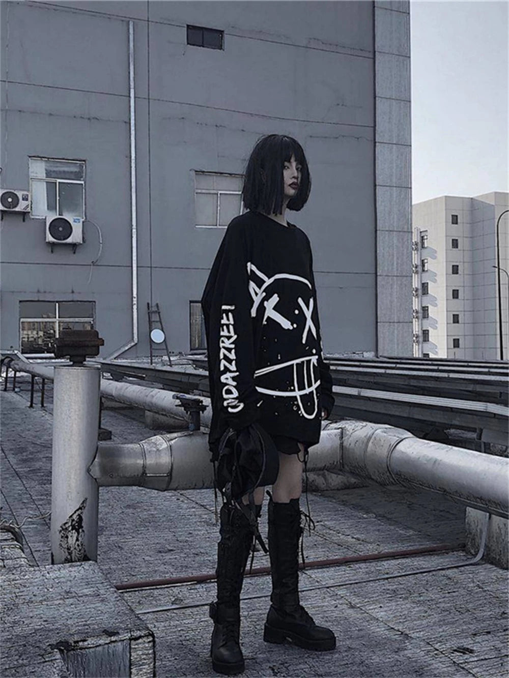 Harajuku Women Alt Emo Tshirts Oversized Long Sleeve E Girl Pullovers Hip Hop Punk Streetwear Tees Black Loose T-Shirt Clothes