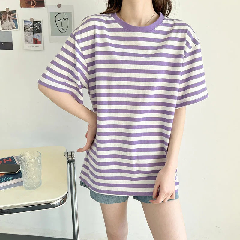 T-shirt women's summer thin section 2022 new loose cotton green striped women's top clothes Harajuku style