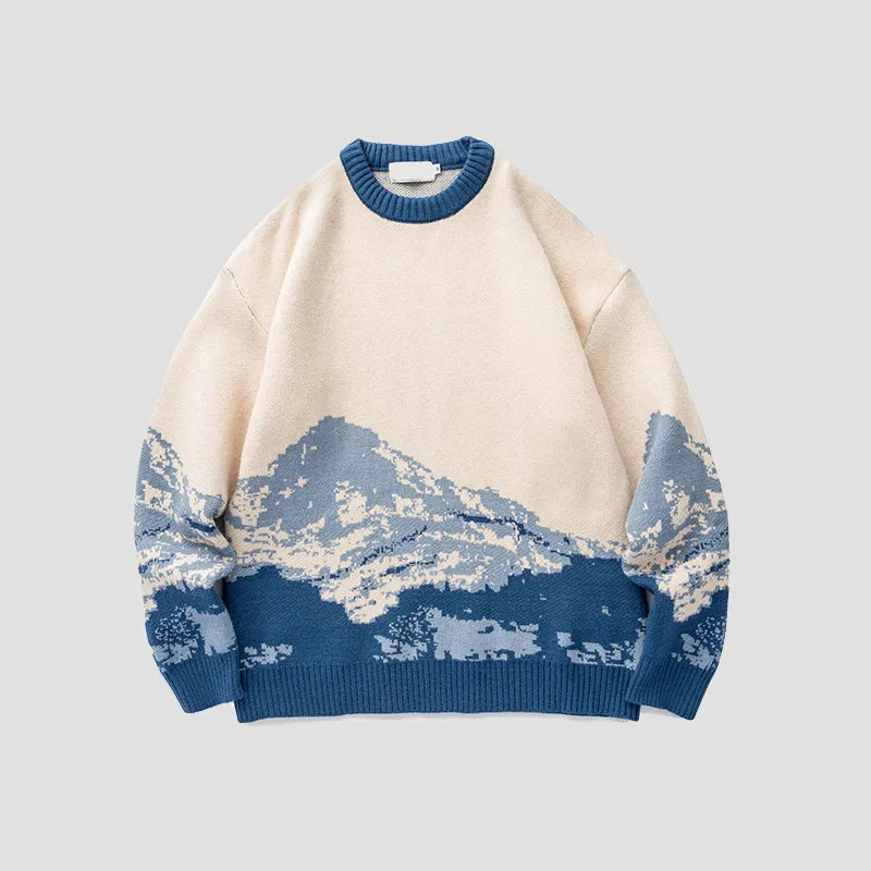 Men Hip Hop Pullovers Streetwear Harajuku Sweater Vintage Snow Mountain Knitted Sweater Winter Casual Pullover Knitwear Size XXL