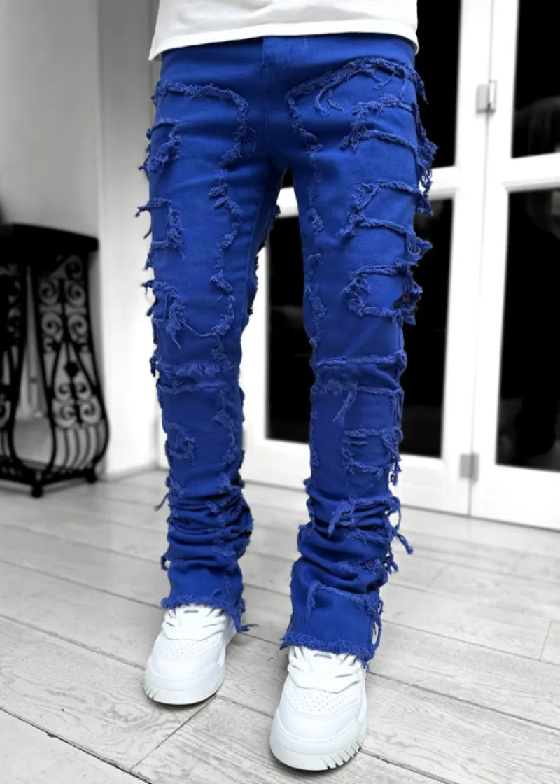 European and American street fashion ins hot style elastic patch denim straight-leg pants new men's fashion retro denim trousers