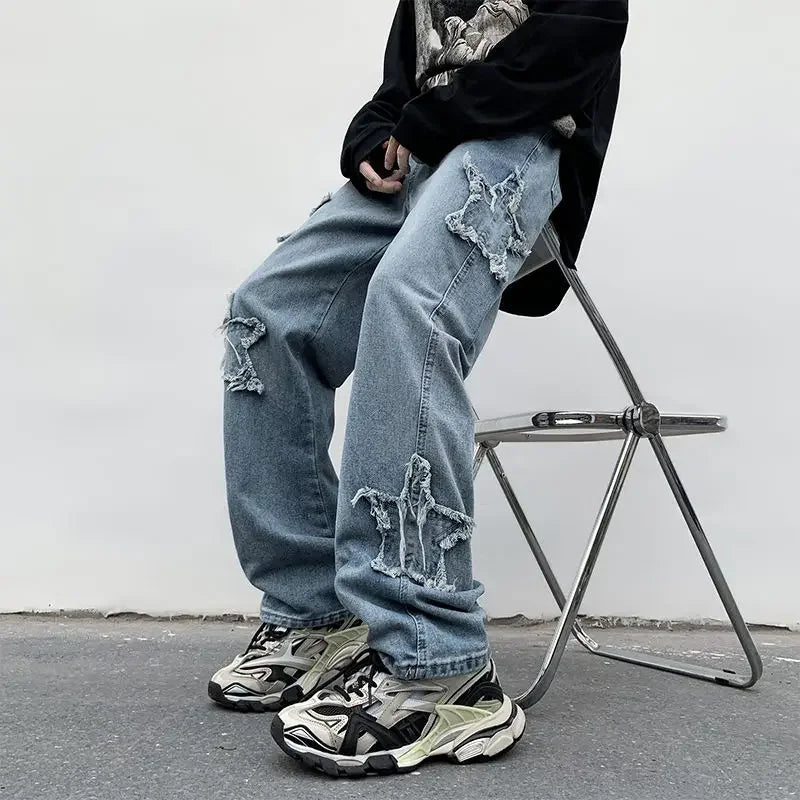 American Fashion Stars Patchwork Embroidery Jeans Oversize Baggy Men Pants Y2K Clothes Straight Hip Hop Trousers Streetwear