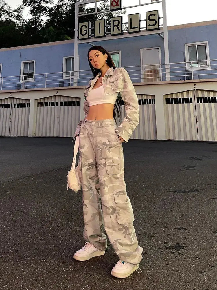 Women Casual Gray Camouflage Cargo Pants Y2K Spring Autumn 2023 Mid Waist Wide Leg Pockets Trousers Baggy Streetwear HipHop Pant