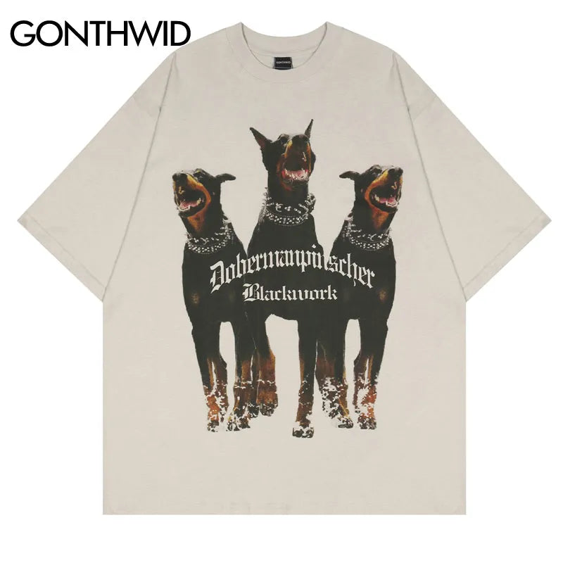 Mens Oversized T Shirt Streetwear Hip Hop Rottweiler Doberman Print Tshirts Harajuku Casual Cotton 2023 Summer Short Sleeve Tees