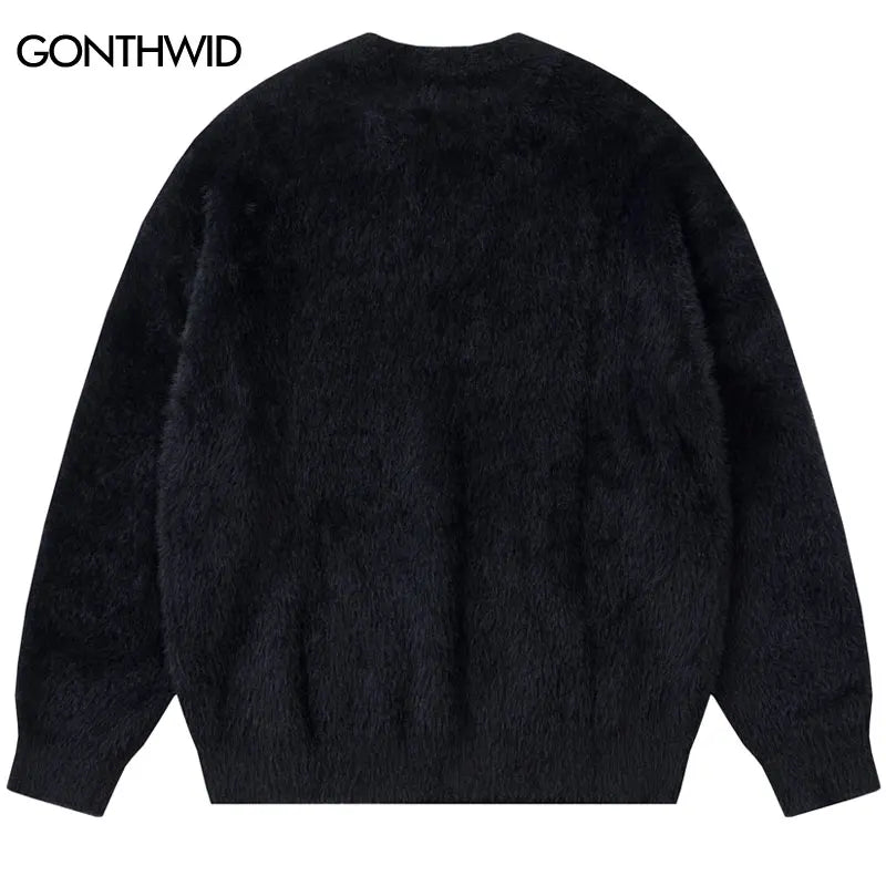 Harajuku Rose Black Sweater Y2K Hip Hop Knitted Fluffy Fuzzy Mohair Pullover Jumper Streetwear 2023 Men Fashion Knitwear Sweater