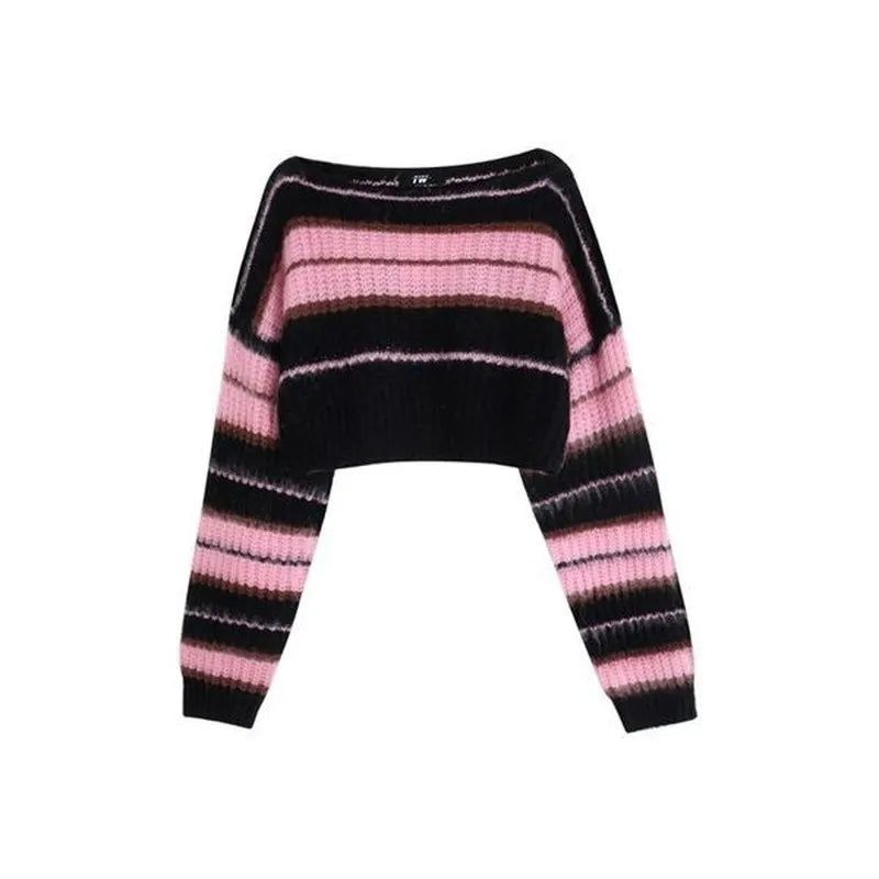 Deeptown Y2K Korean Style Pink Cropped Sweater Women Striped Jumper Vintage Female  Autumn Long Sleeve Crewneck Pullovers Tops