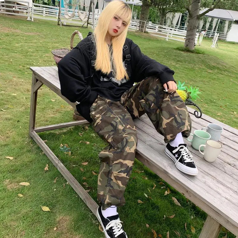 Y2k Streetwear Korean Cargo Hip Hop ArmyGreen Baggy Harem Trousers Sweatpants Camouflage Pants High Waist Alt Joggers for Women