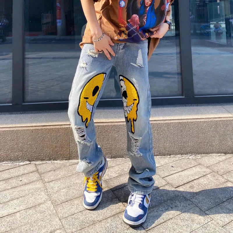 2022 Ropa Smiley Embroidery Hole Ripped Baggy Men Hip Hop Jeans Pants Y2K Clothes Straight Goth Denim Trousers Pantalones Hombre