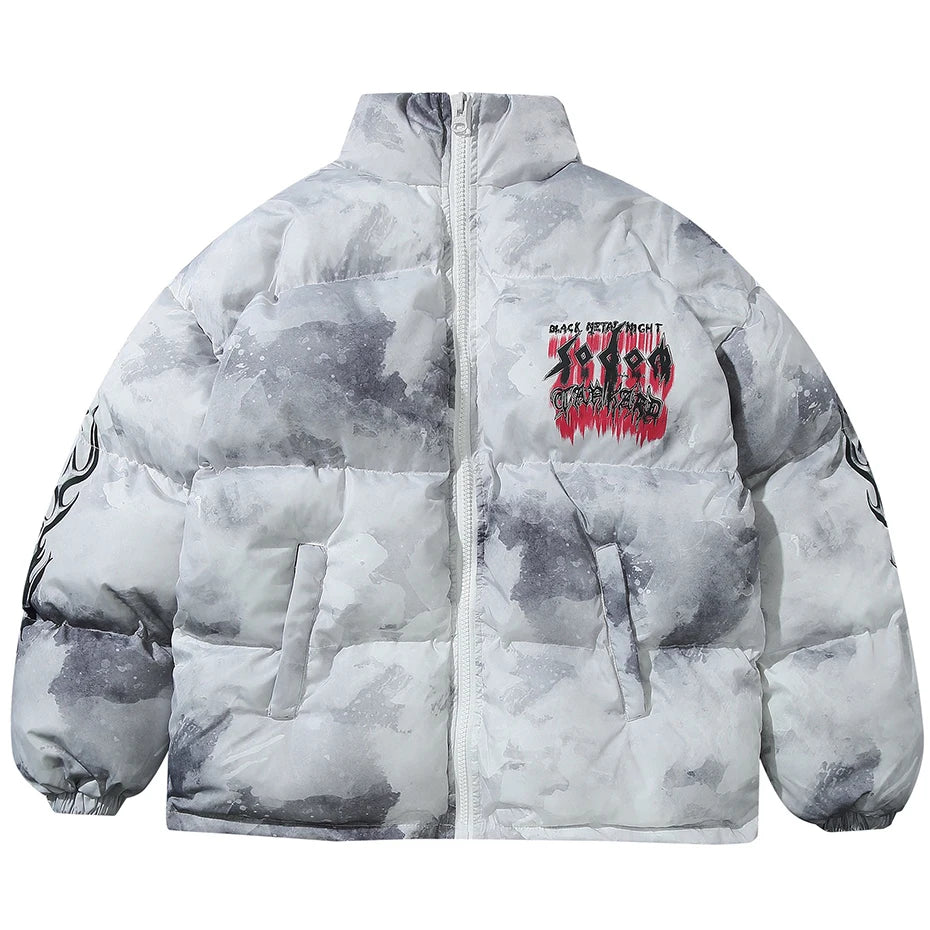 Oversized Hip Hop Parkas Padded Puffer Jacket Men Winter Warm Coat Letter Graphic Tie Dye Streetwear Jackets Y2K Parkas Coats