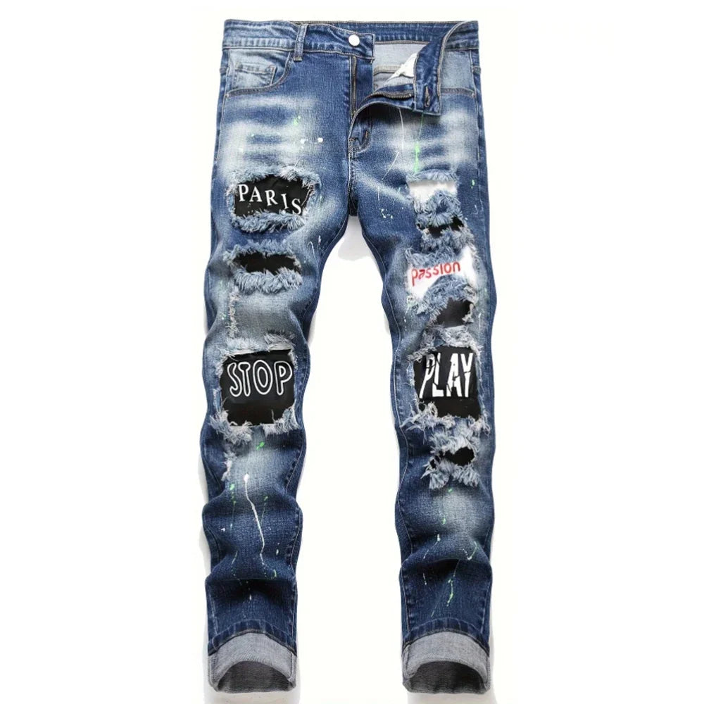 Men y2k Stretchy Denim jeans Ripped Skinny Letter Print elastic waist Casual pants for men Hole Slim Fit Denim Hip Hop Trousers