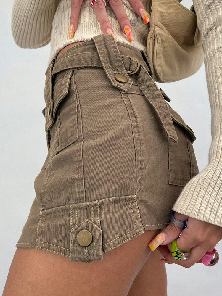 IAMHOTTY Grunge y2k Cargo Denim Skirt Khaki High Waist Vintage Multi Pockets Straight Casual Jean Skirts Korean Style Streetwear