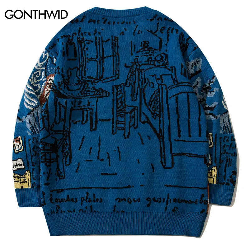 Vintage Sweater Streetwear Hip Hop Knitted Retro Van Gogh Jumper 2023 Harajuku Punk Goth Sweater Fashion Loose Pullover Y2K Blue