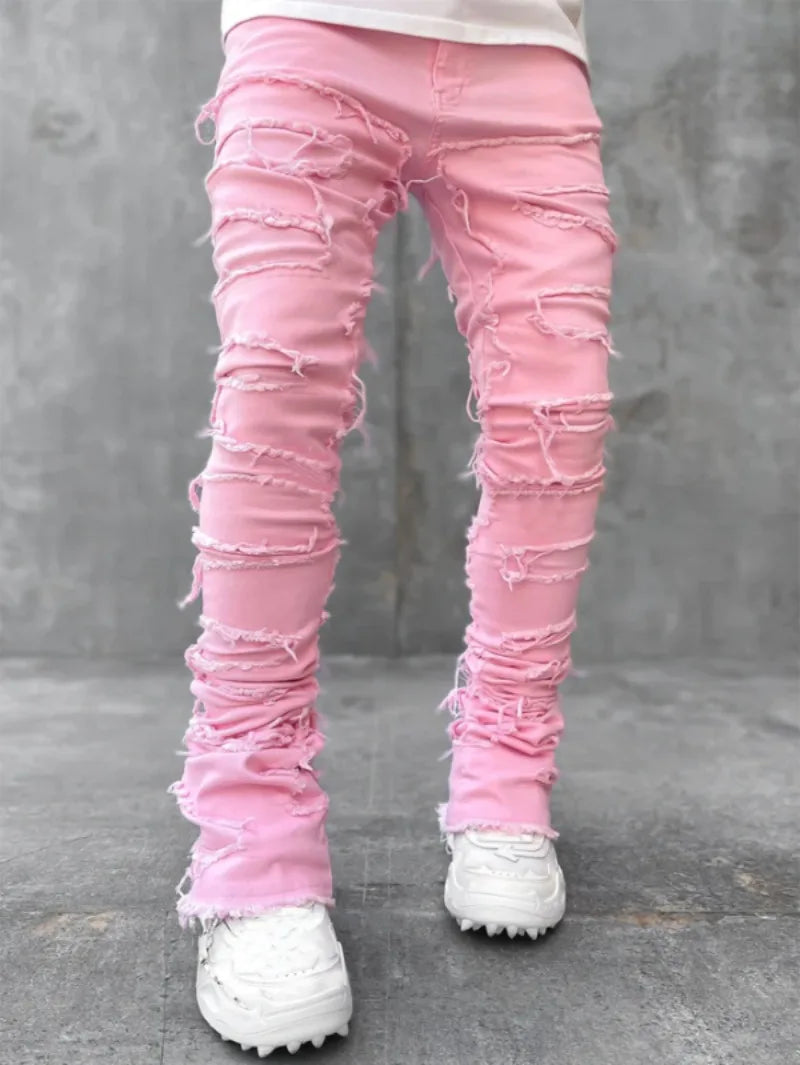 European and American street fashion ins hot style elastic patch denim straight-leg pants new men's fashion retro denim trousers