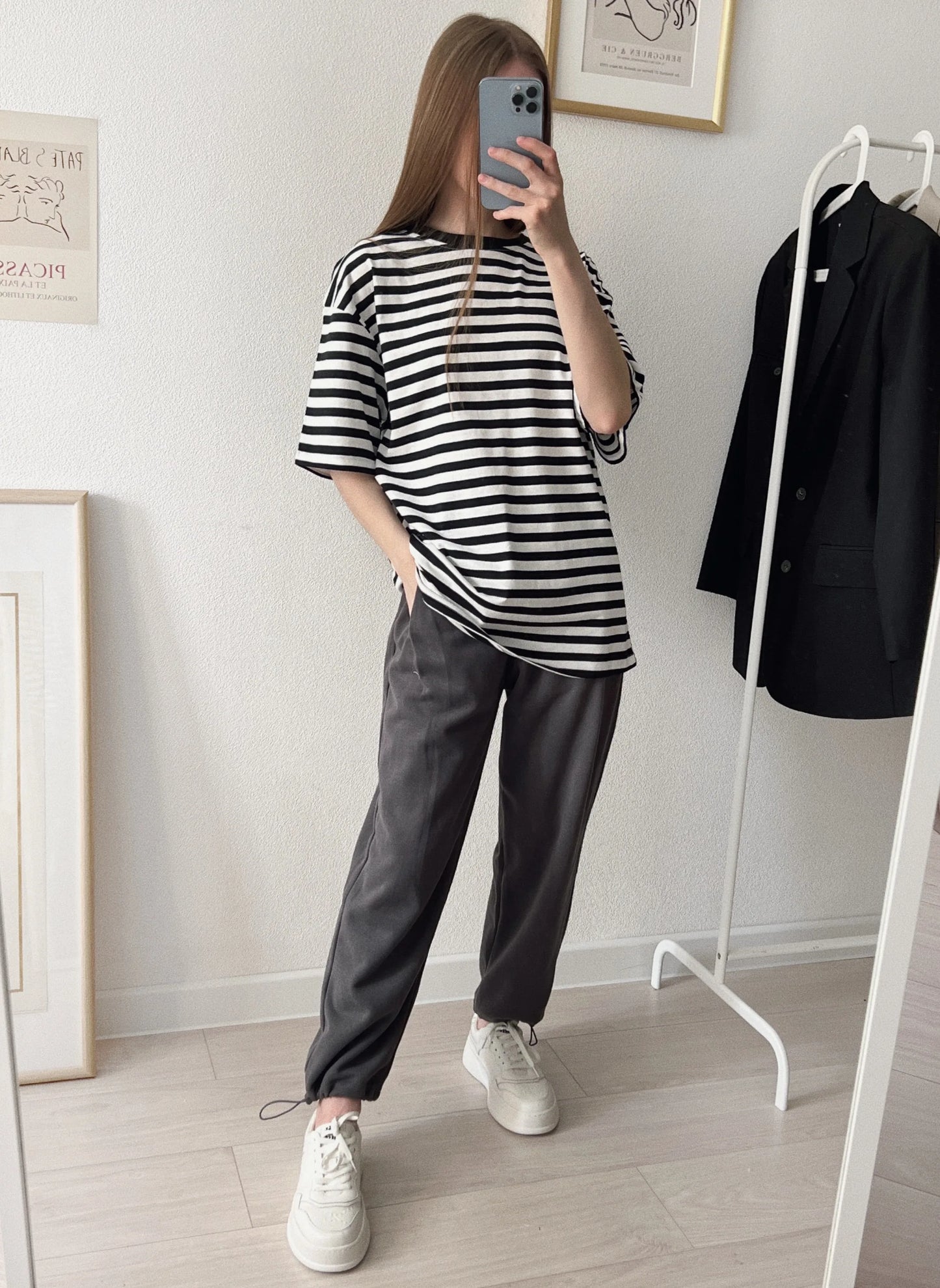 T-shirt women's summer thin section 2022 new loose cotton green striped women's top clothes Harajuku style