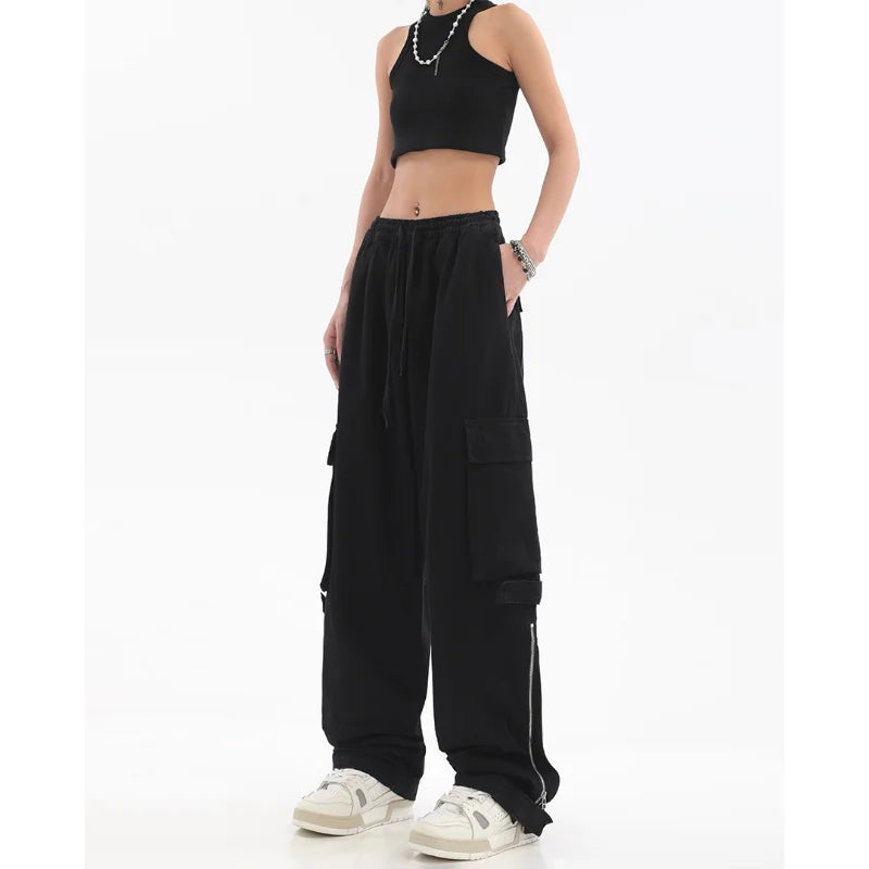 Women Big Pockets Cargo Pants Y2k High Elastic Waist Drawstring Baggy Trousers Vintage Casual Loose Side Zipper Straight Pants